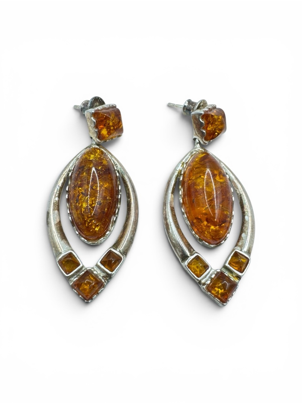 Vintage Modernist Sterling Silver Baltic Cognac Amber Dangle Earrings 2” - Picture 4 of 6